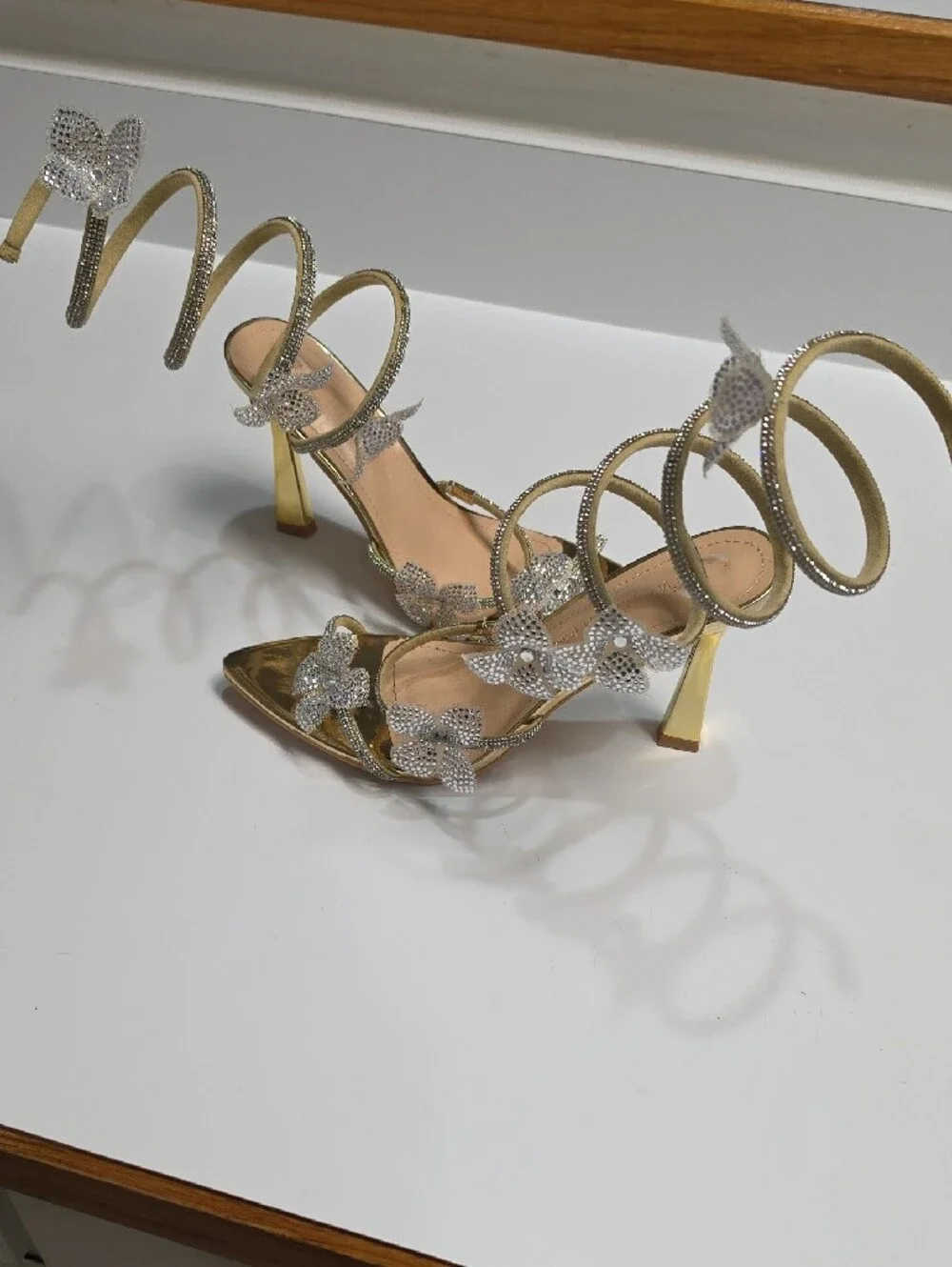 Wild Diva Gold Morris-632 Rhinestone Floral Spiral Wrap Stiletto Heels - Size 7